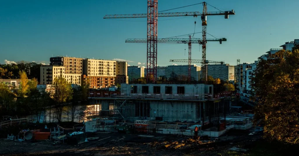 Nowoczesny dom z prefabrykatów keramzytowych wznoszony za pomocą dźwigu na wąskiej, miejskiej działce budowlanej.