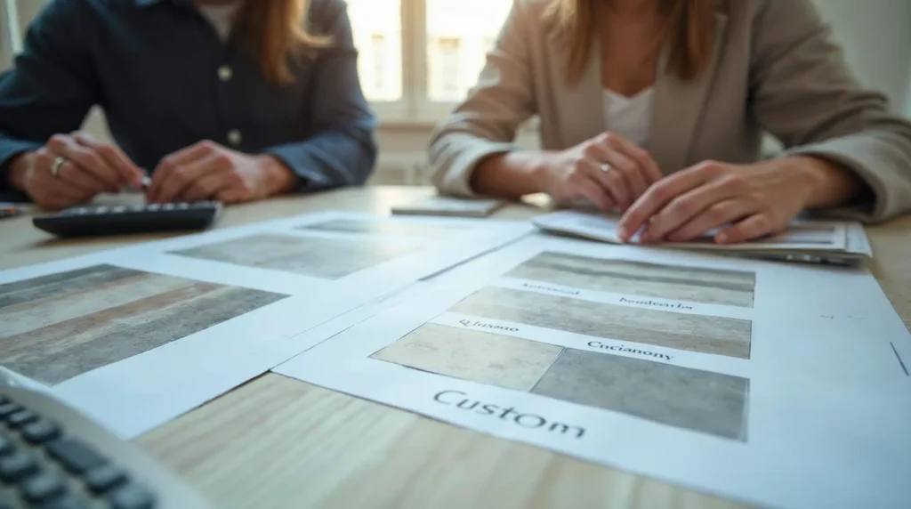 Dwie osoby porównujące na stole projekty architektoniczne – gotowy i indywidualny – z próbkami keramzytobetonu