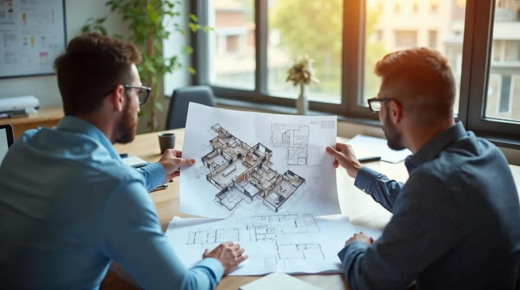 Dwóch architektów analizuje projekt małego domu, skupiając się na zbyt gęstym układzie pomieszczeń