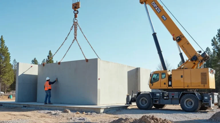 Dźwig budowlany podnosi i precyzyjnie montuje duży prefabrykowany panel ścienny z szarego keramzytobetonu na płycie fundament