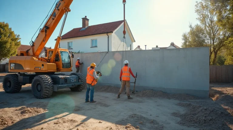 Ekipa montuje ścianę z keramzytobetonu na fundamencie domu jednorodzinnego, jasny dzień, widoczny dźwig i gotowe elementy