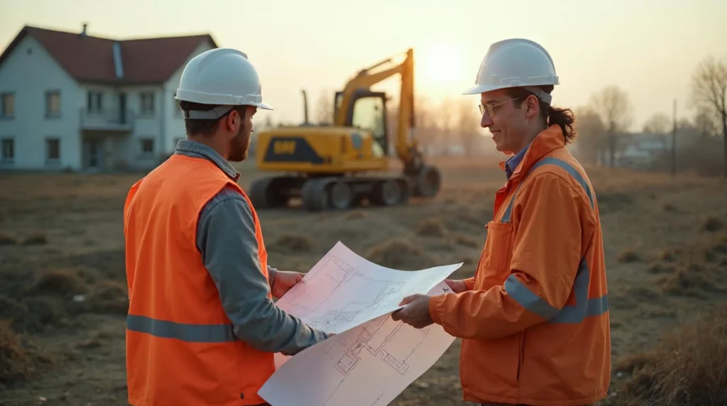 Geodeta i geotechnik na pustej działce z planem i wiertnicą w tle