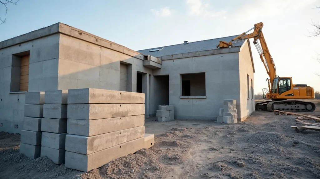 Na budowie leżą prefabrykowane elementy z keramzytobetonu i pustaki