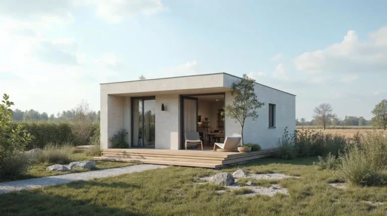 Parterowy dom prefabrykowany z keramzytu 70m2 na małej działce, widok z przodu, słoneczny dzień