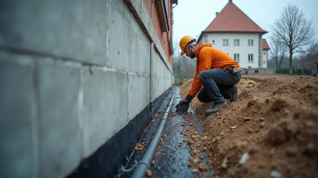 Pracownik sprawdza izolację i rurę drenażową przy ścianie piwnicy na pochyłej działce