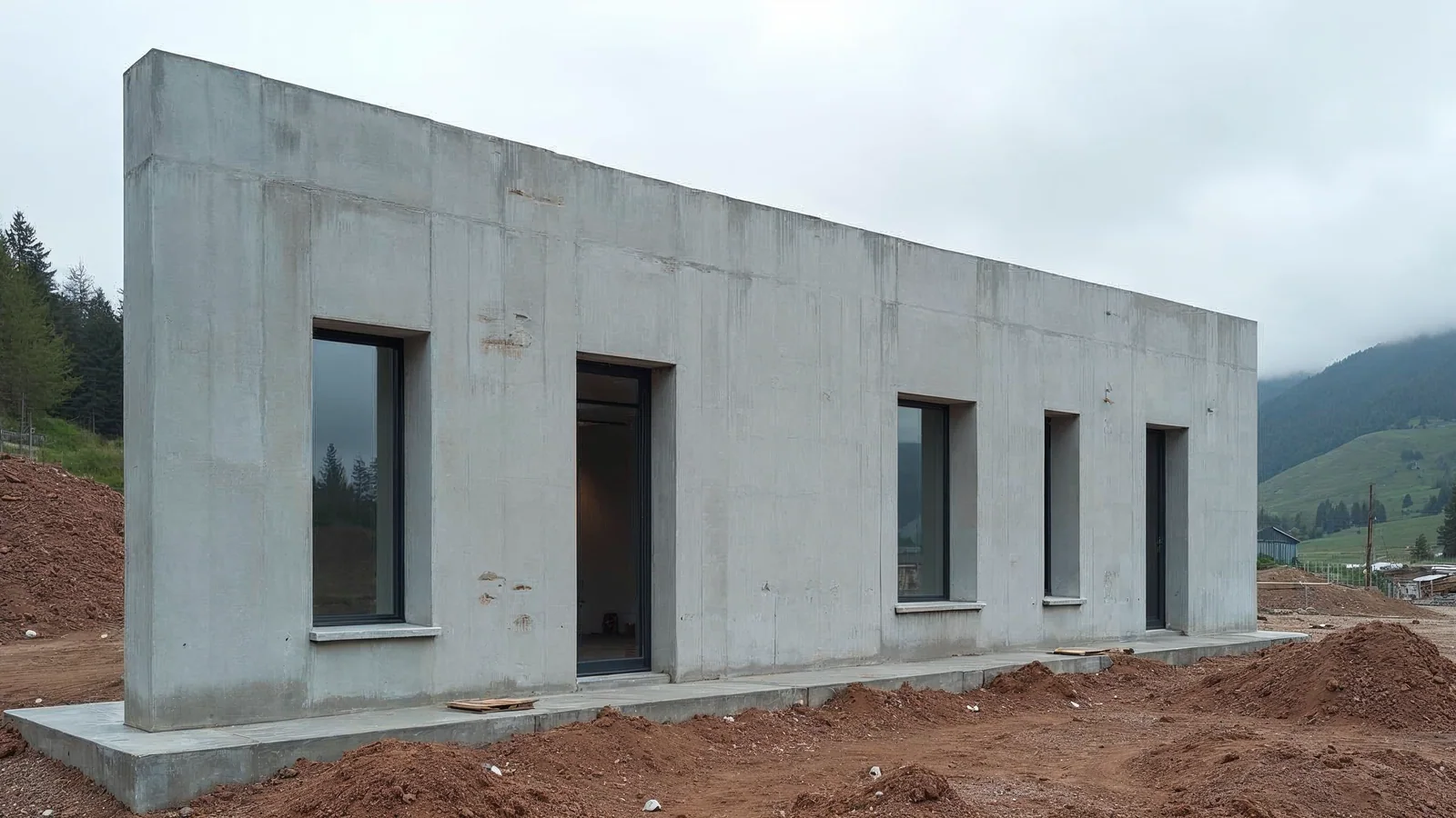 Prefabrykowana ściana keramzytobetonowa ustawiona na podporach montażowych