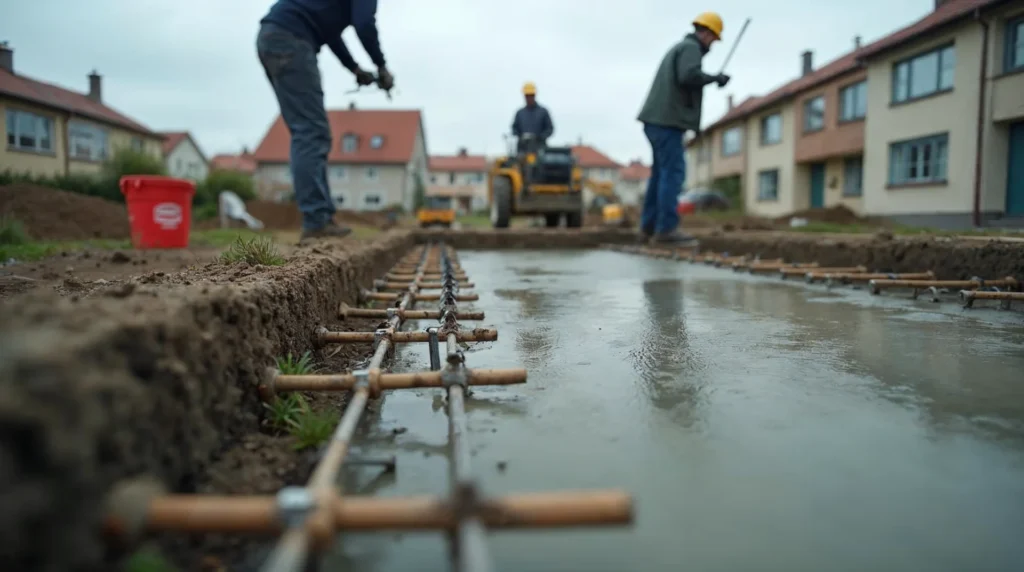 Przygotowanie i zalewanie płyty fundamentowej pod dom, widoczne zbrojenie i narzędzia