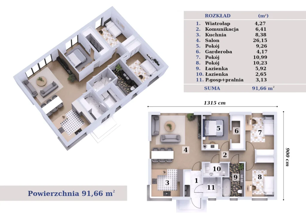 Rzut projektu DB1 — dom parterowy 91,66 m² z keramzytobetonu, 3 sypialnie, 2 łazienki