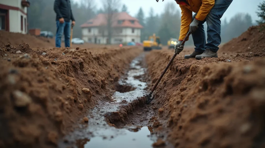 Wykop z widoczną wodą gruntową i próbki gruntu obok