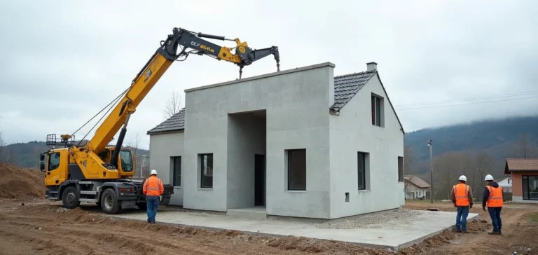 Żuraw ustawia prefabrykowaną ścianę keramzytobetonową na płycie fundamentowej