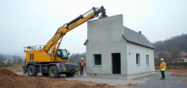 Żuraw ustawia prefabrykowaną ścianę keramzytobetonową na płycie fundamentowej