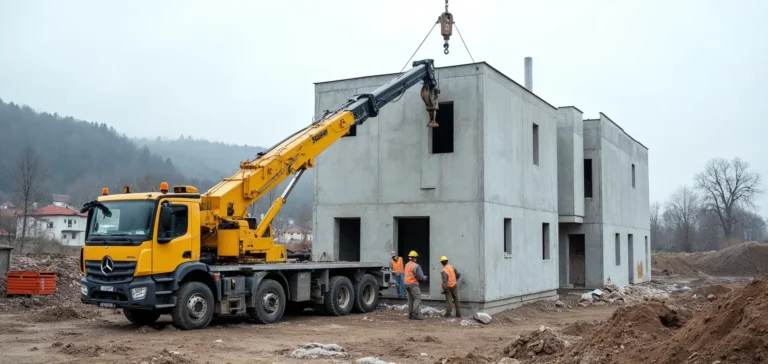 Żuraw ustawia prefabrykowaną ścianę keramzytobetonową na płycie fundamentowej