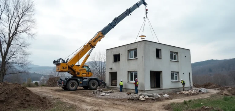 Żuraw ustawia prefabrykowaną ścianę keramzytobetonową na płycie fundamentowej