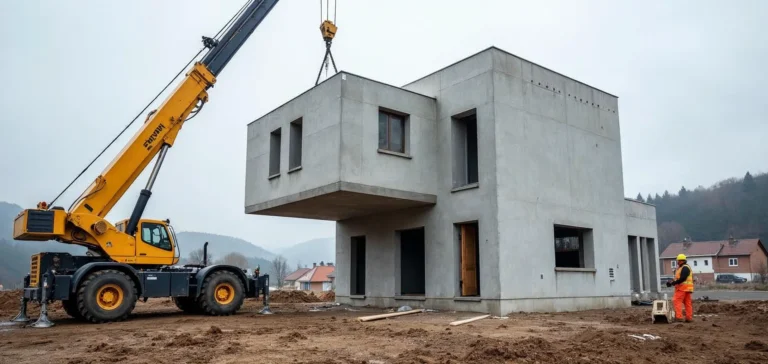 Żuraw ustawia prefabrykowaną ścianę keramzytobetonową na płycie fundamentowej