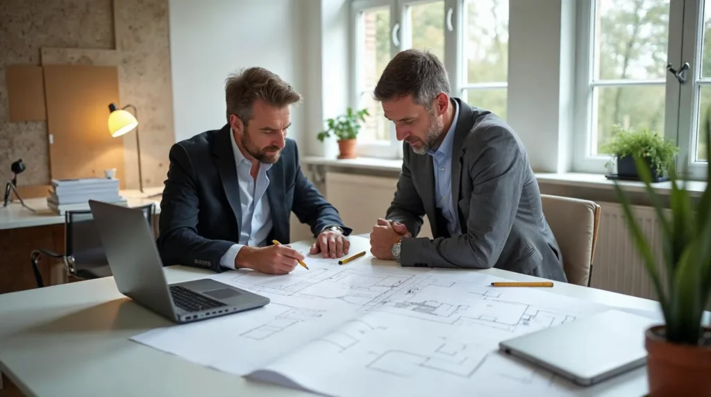 Architekt i inwestor analizują rzuty domu oraz rysunki prefabrykowanych ścian przy biurku
