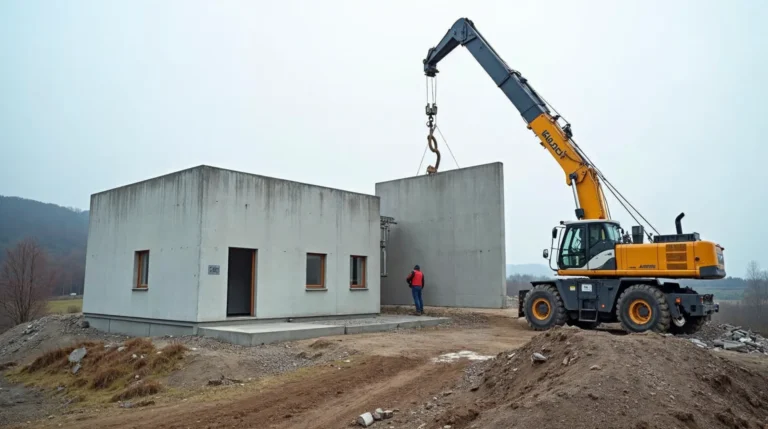 Dźwig ustawia prefabrykowany element ścienny przy budowanym domu parterowym