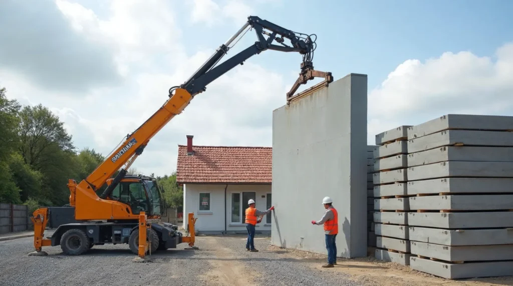 Dźwig osadza prefabrykowaną ścianę z keramzytobetonu na fundamencie