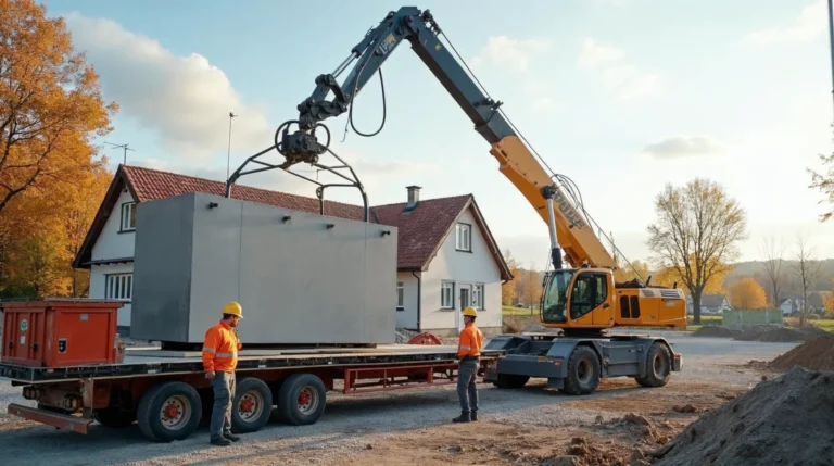 Dźwig podnosi prefabrykowaną ścianę z naczepy na placu budowy domu w Chrzanowie