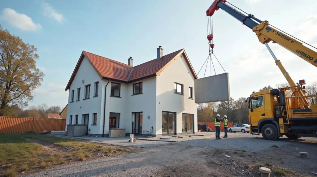 Dźwig podnosi prefabrykowaną ścianę z samochodu, a ekipa przygotowuje miejsce montażu