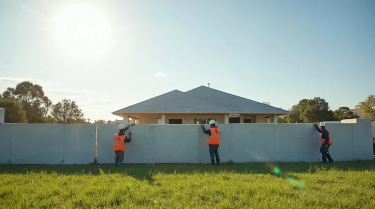 Ekipa montująca ściany domu z prefabrykatów keramzytowych na placu budowy pod Bielskiem, popołudniowe światło