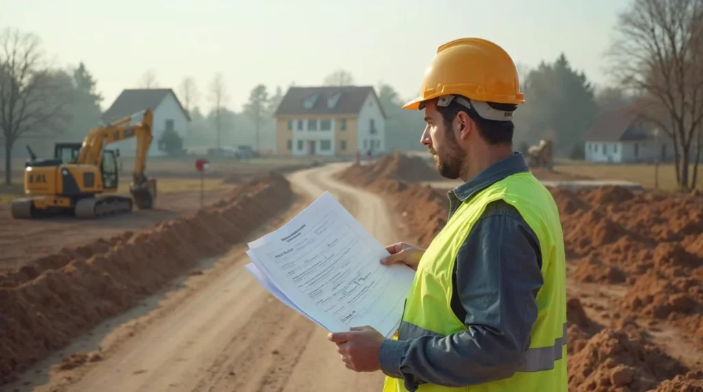 Kierownik budowy sprawdza projekt przy gotowym fundamencie i przygotowanym dojeździe dla transportu