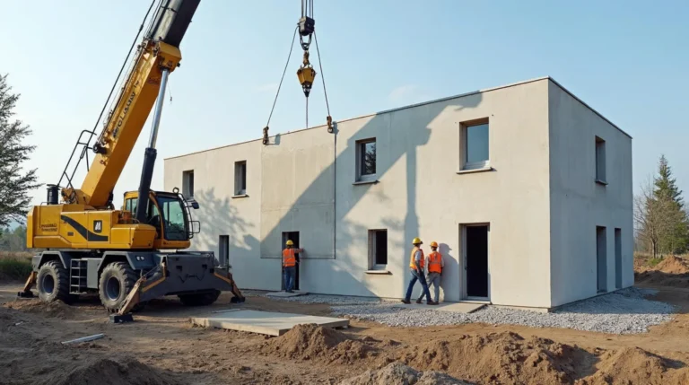 Montaż prefabrykowanej ściany keramzytobetonowej dźwigiem na przygotowanym fundamencie