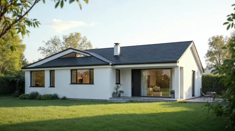 Niewielki dom parterowy o zwartej bryle, z jasną elewacją i dachem dwuspadowym