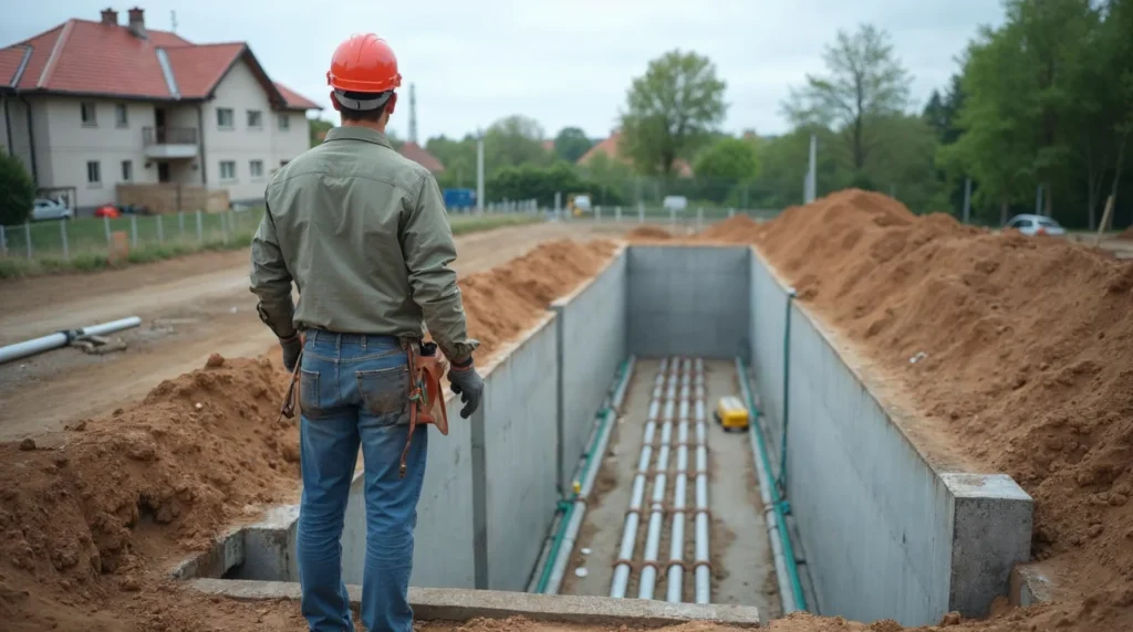 Pracownik przy płycie fundamentowej z przygotowanymi przepustami instalacyjnymi na budowie domu