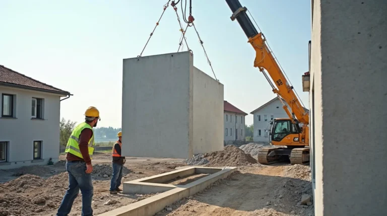 Prefabrykowana ściana keramzytobetonowa opuszczana przez dźwig na fundament domu