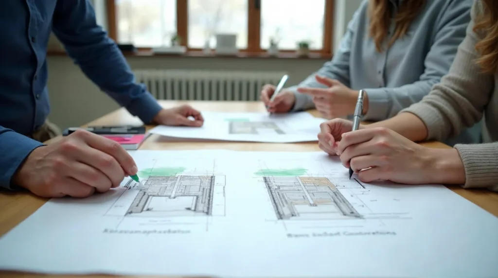 Projektant porównuje rysunki przekrojów ścian z keramzytobetonu i betonu komórkowego przy biurku