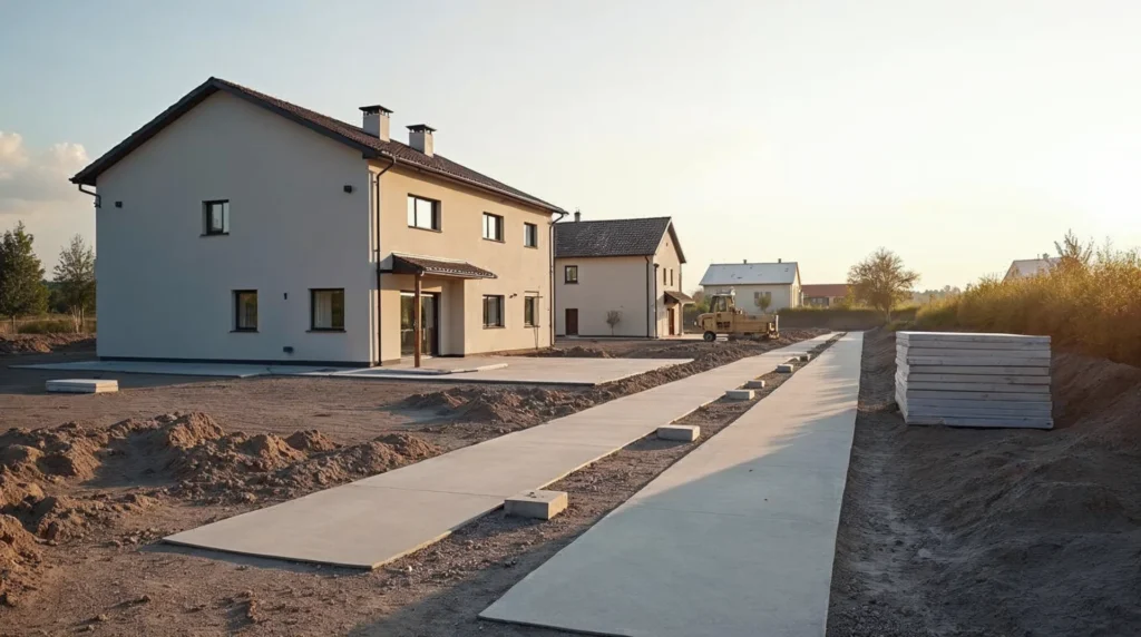 Przygotowany plac budowy z wytyczonymi strefami i dojazdem dla transportu