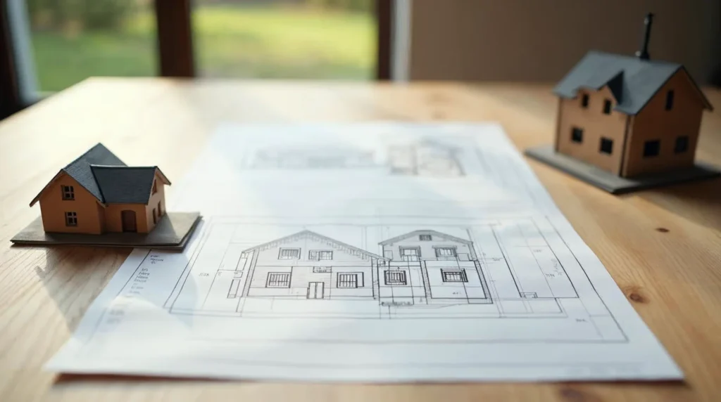 Widok z góry na plany architektoniczne domu 120m² oraz dwa modele – jeden parterowy, drugi z poddaszem